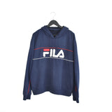 Vintage Fila hoodie pullover sweatshirt windbreaker fleece track jacket jumper in dark blue, red and white