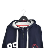 Vintage Tommy Hilfiger zip up hoodie sweater jumper sweatshirt pullover long sleeve tracksuit trackie jacket in dark blue and white