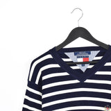 Vintage Tommy Hilfiger longsleeve tee pullover sweatshirt jumper fleece in white and dark blue stripes.