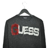 Vintage Guess Jeans big spell out fuzzy sweater sweatshirt pullover jumper hoodie in dark grey