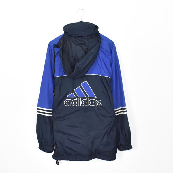 Vintage Adidas long jacket windbreaker track jacket bomber jacket in blue and black