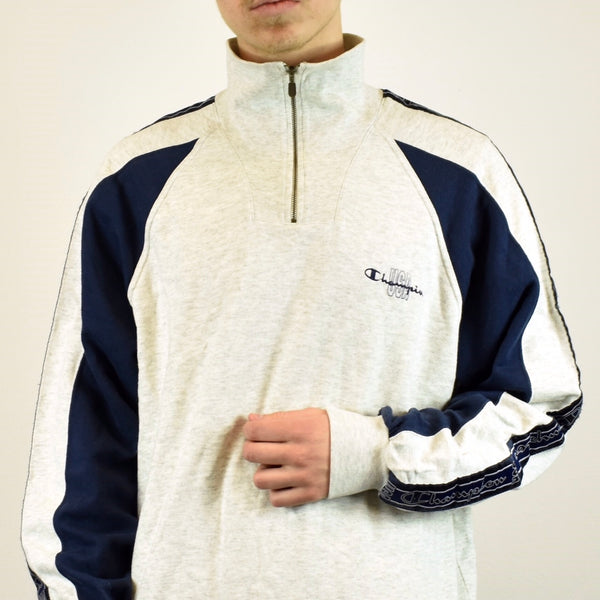 Vintage Champion half zip sweatshirt jumper sweater pullover hoodie in white and navy blue