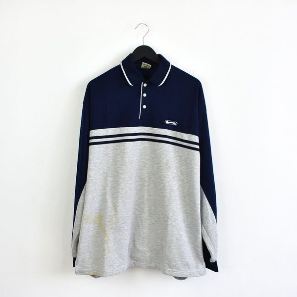 Vintage Nike pullover sweatshirt longsleeve polo shirt fleece sweater track jacket in navy blue and grey