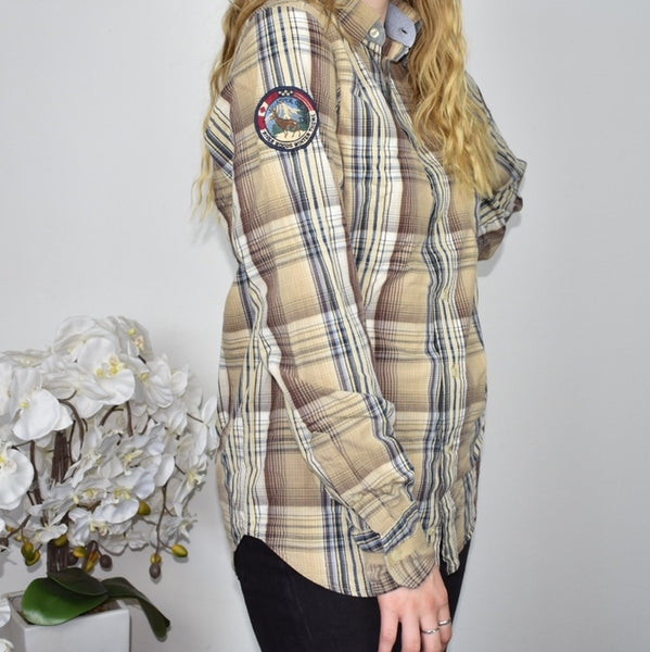 Vintage River woods button up shirt long sleeve top sweater t-shirt blouse in yellow blue and brown