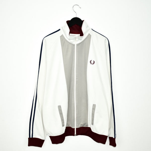 Vintage Fred Perry track fleece longsleeve tee pullover windbreaker sweatshirt in white grey and maroon