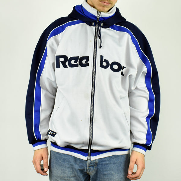 Vintage Reebok zip up hoodie jumper sweater pullover in white and blue