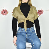 Super cute Gian Vargian see through wrap tie up top crop top blouse in gold