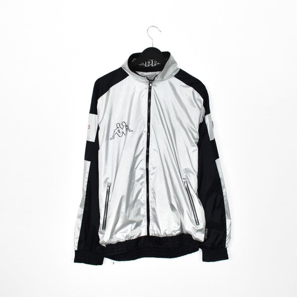 Vintage Kappa zip up tracksuit track jacket trackie sweater windbreaker jumper sweatshirt pullover long sleeve in black and silver
