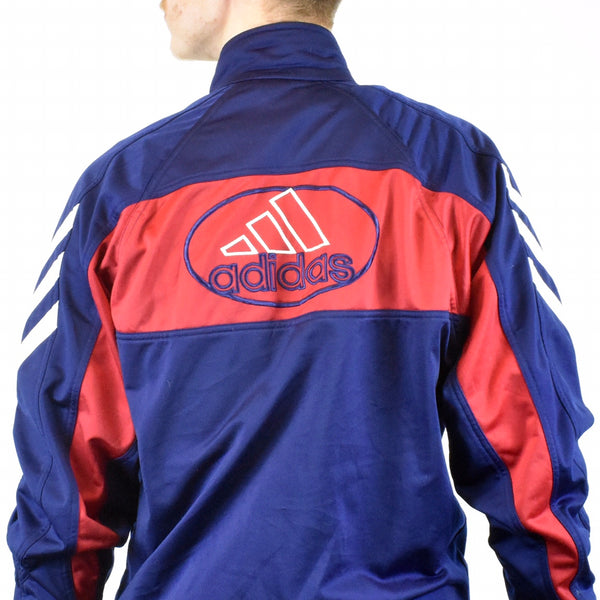 Vintage Adidas tracksuit track jacket fleece windbreaker in navy blue and red