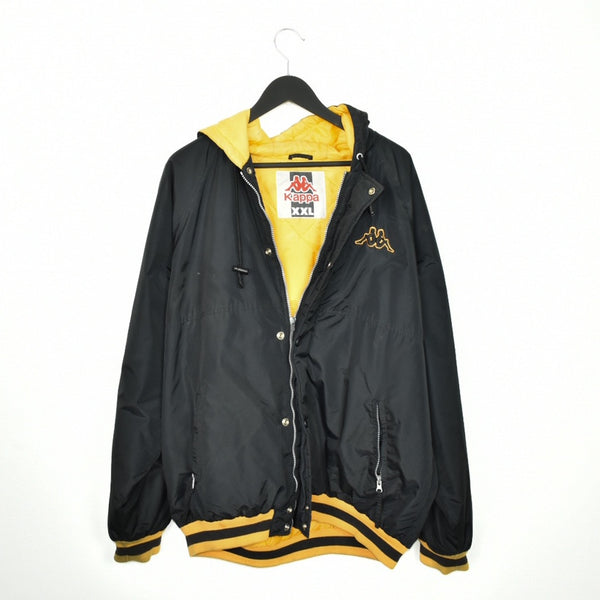 Vintage Kappa bomber jacket windbreaker track jacket in black and yellow with a hood