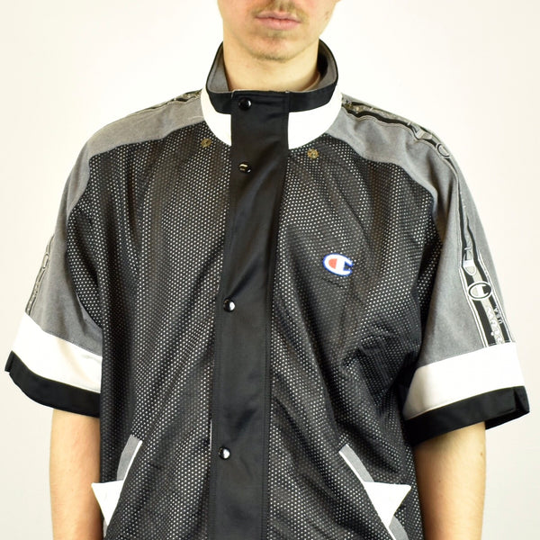 Vintage Champion sleeveless tracksuit track jacket fleece windbreaker in black, gray, white