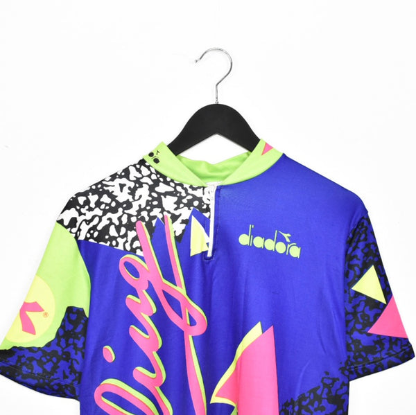 Vintage Diadora quarter zip up t-shirt tee blouse top in blue with a multicolor design