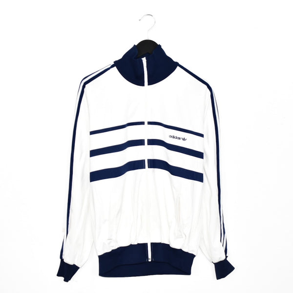 Vintage Adidas zip up windbreaker tracksuit track jacket trackie sweater jumper sweatshirt pullover long sleeve in white and blue
