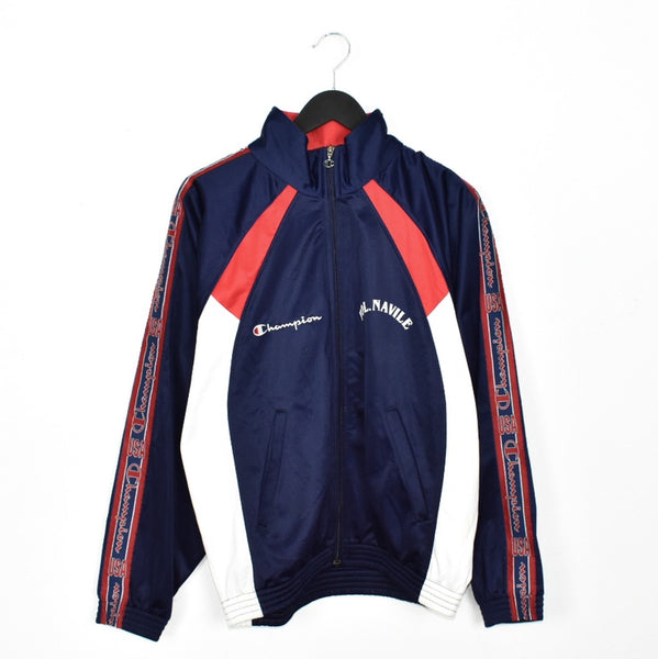 Vintage Champion track jacket windbreaker fleece longsleeve tee pullover sweatshirt jumper in blue red and white