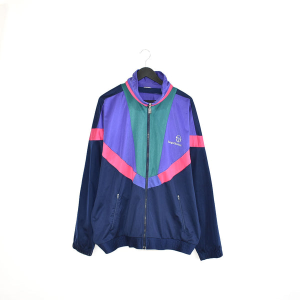 Vintage Sergio Tacchini track fleece longsleeve tee pullover windbreaker sweatshirt in blue, purple, green and pink