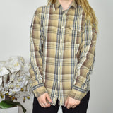 Vintage River woods button up shirt long sleeve top sweater t-shirt blouse in yellow blue and brown