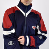 Vintage Champion tracksuit track jacket fleece windbreaker in navy blue, red and white