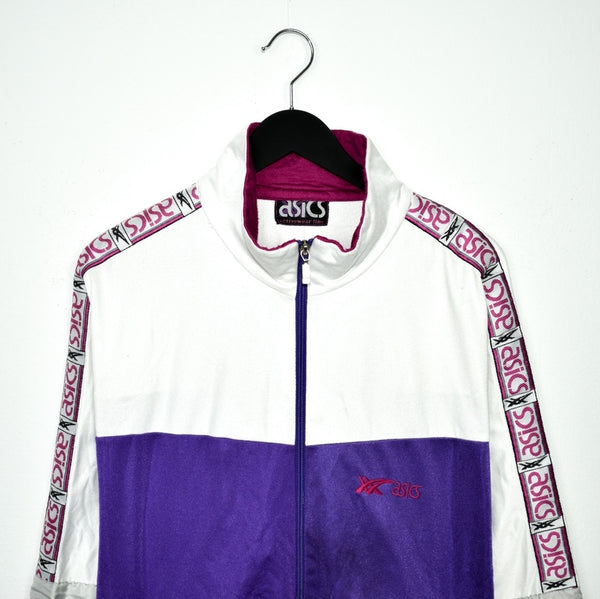 Vintage asics track bomber jacket windbreaker fleece track jacket in white and purple