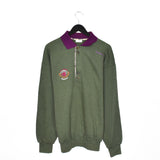 Vintage Sergio Tacchini Vancouver ice hockey polo quarter button up pullover sweatshirt windbreaker fleece track jacket in dark green and purple