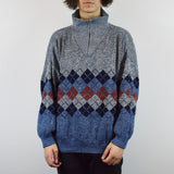 Vintage sweater sweatshirt pullover jumper in blue and gray diamond pattern