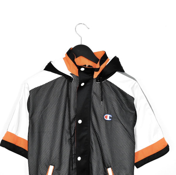 Vintage Champion sleeveless windbreaker fleece track jacket bomber jacket in black orange and white