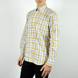 Vintage plaid collared button-down shirt top blouse in yellow blue and green