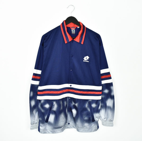 Vintage lotto bomber jacket windbreaker fleece track jacket in dark blue white and red