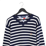 Vintage Tommy Hilfiger longsleeve tee pullover sweatshirt jumper fleece in white and dark blue stripes.