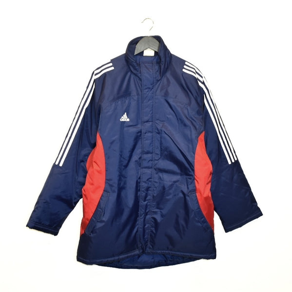 Vintage Adidas long puffer jacket windbreaker fleece track jacket bomber jacket in blue and red