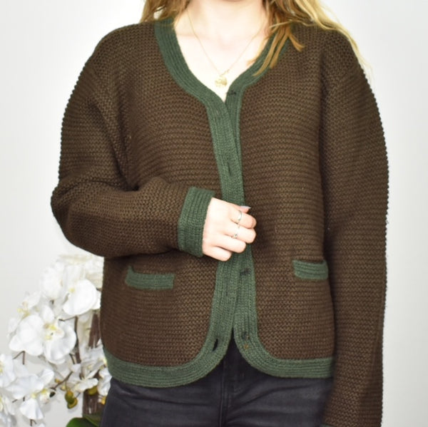 Vintage knitted blazer sweatshirt jumper sweater top pullover in brown and green