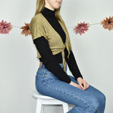 Super cute Gian Vargian see through wrap tie up top crop top blouse in gold