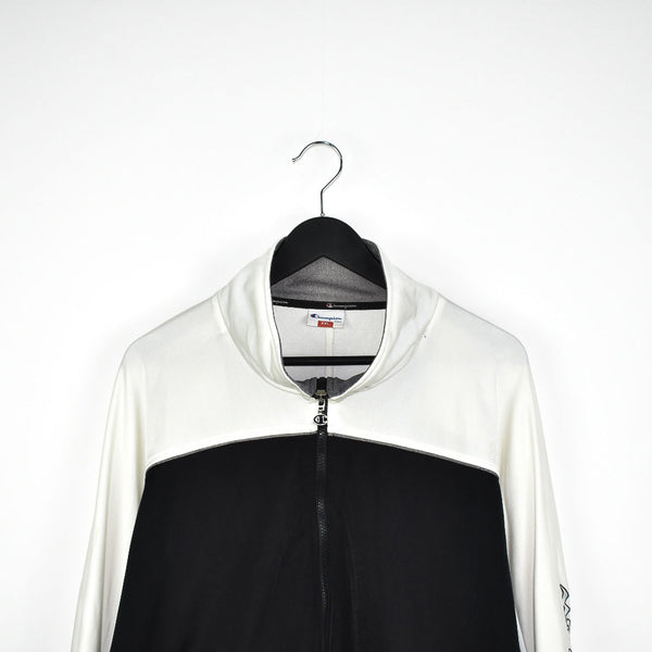 Vintage Champion zip up windbreaker tracksuit track jacket trackie sweater jumper sweatshirt pullover long sleeve in black, white and grey