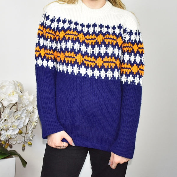 Vintage colourful knitted sweatshirt jumper sweater top pullover in white orange and blue