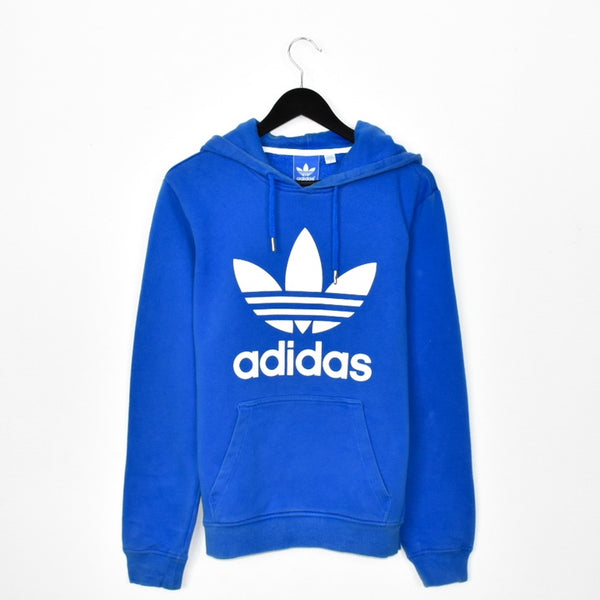 Vintage Adidas hoodie pullover sweatshirt windbreaker fleece track jacket in blue and white