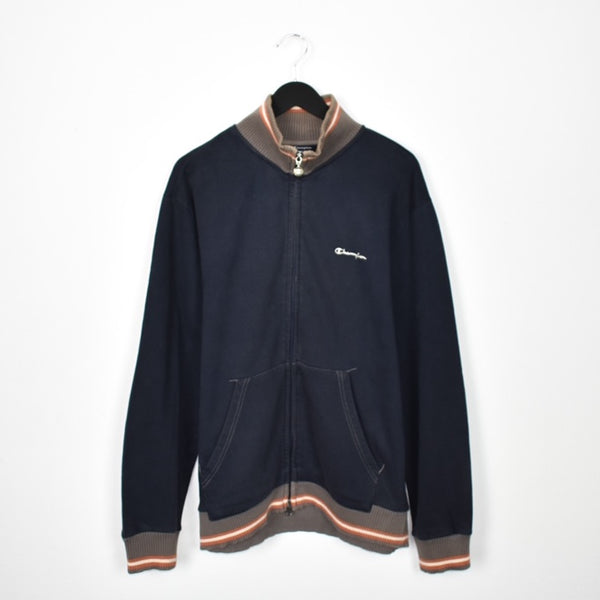 Vintage Champion zip up track jacket windbreaker sweatshirt longsleeve tee pullover jumper in dark blue and brown