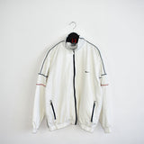 Vintage Nike tracksuit windbreaker jacket track longsleeve tee pullover sweatshirt in white with blue and red stripes.