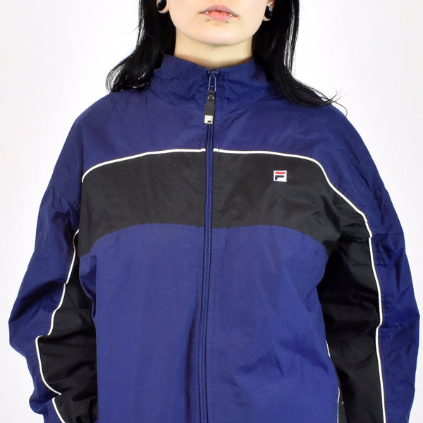 Vintage Fila windbreaker fleece jacket in navy blue and black