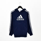 Vintage Adidas hoodie pullover sweatshirt windbreaker fleece track jacket in dark blue and white