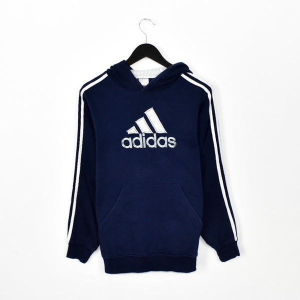 Vintage Adidas hoodie pullover sweatshirt windbreaker fleece track jacket in dark blue and white