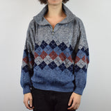 Vintage sweater sweatshirt pullover jumper in blue and gray diamond pattern