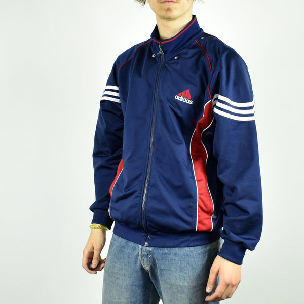 Vintage Adidas tracksuit track jacket fleece windbreaker in navy blue and red