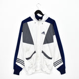 Vintage Adidas windbreaker zip up tracksuit track jacket trackie sweater jumper sweatshirt pullover long sleeve in white grey and blue