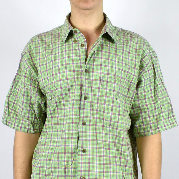 Vintage plaid collared button-down shirt top blouse in light green