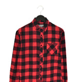 Vintage flannel plaid collared button-down shirt top blouse in black and red