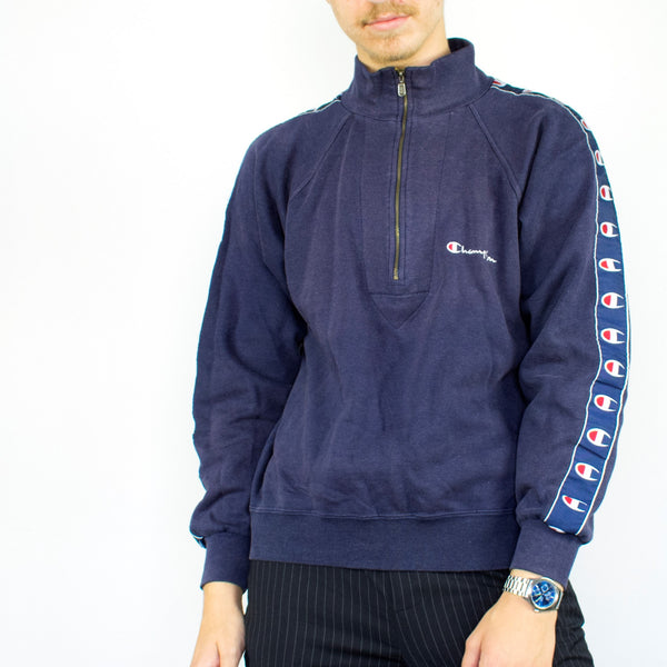 Vintage Champion half zip fleece sweatshirt hoodie jumper sweater pullover in blue