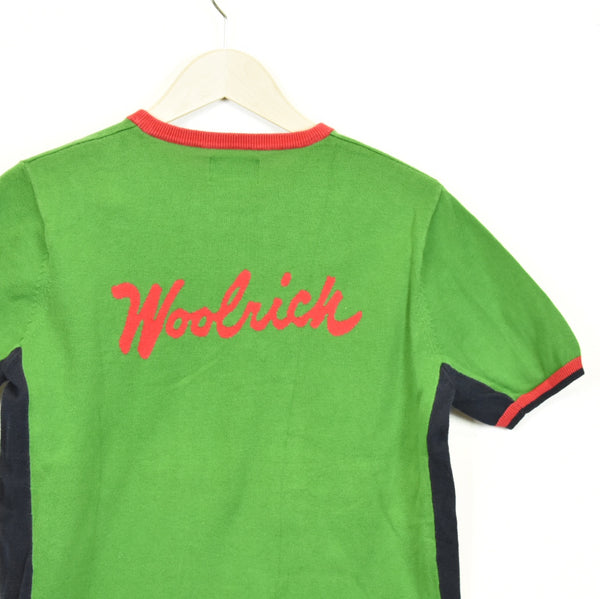 Vintage Woolrich big spellout sweater type t-shirt top tee blouse in green with blue and red stripes