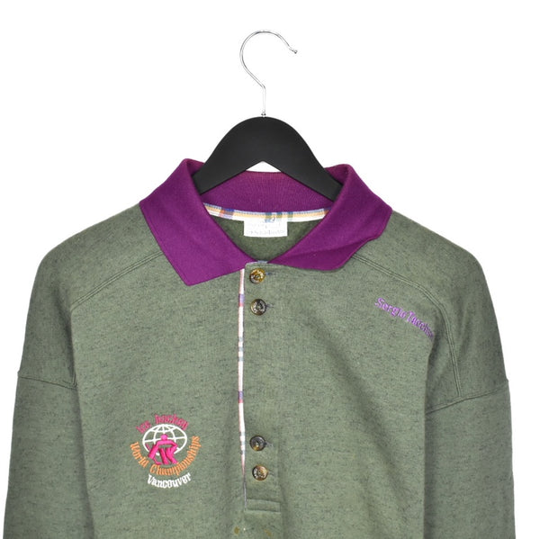 Vintage Sergio Tacchini Vancouver ice hockey polo quarter button up pullover sweatshirt windbreaker fleece track jacket in dark green and purple
