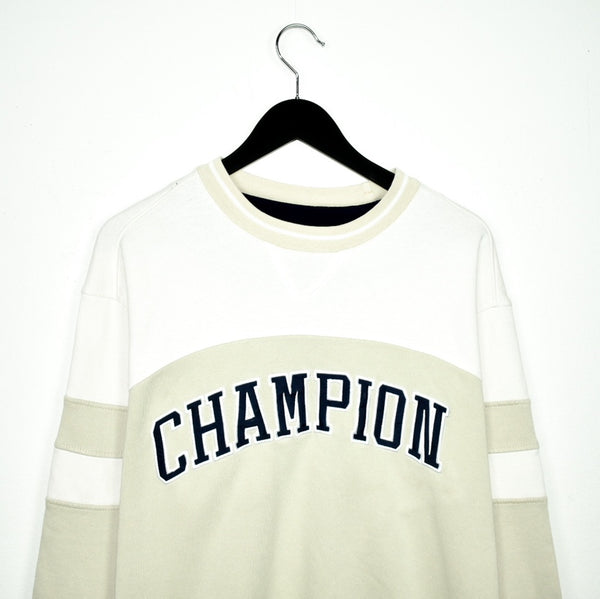 Vintage Champion big spell out sweatshirt pullover jumper hoodie in sandish yellow and white