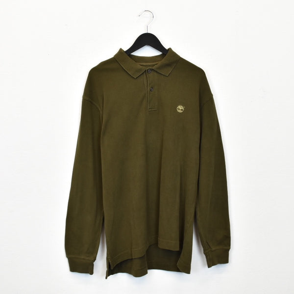 Vintage Timberland long sleeve polo hoodie pullover sweatshirt windbreaker fleece track jacket in dark green