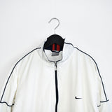 Vintage Nike tracksuit windbreaker jacket track longsleeve tee pullover sweatshirt in white with blue and red stripes.